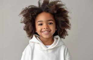 ai gerado jovem menina com encaracolado cabelo dentro branco moletom com capuz foto