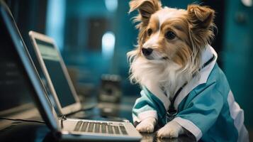 ai gerado cachorro vestindo uma médico uniforme, olhando às uma computador tela foto