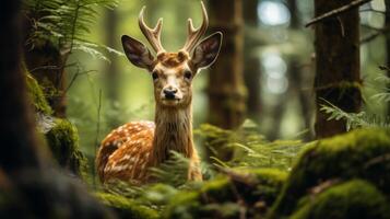 ai gerado fechar-se do uma veado dentro a floresta, sereno animais selvagens momento foto