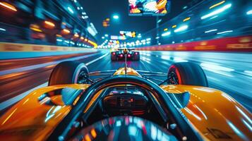 ai gerado cockpit Visão a partir de dentro uma corrida carro durante a intenso colo foto