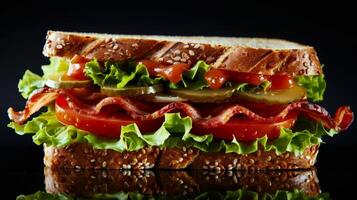 ai gerado uma suculento blt sanduíche com fresco alface e maduro tomate foto