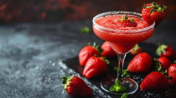 ai gerado uma refrescante morango daiquiri com uma açúcar aro e uma morango guarnição, enfeite, adorno foto