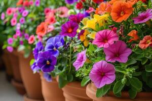 ai gerado colorida flores crescendo dentro panelas em a sacada. foto