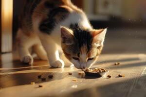 ai gerado fechar-se do gato comendo seco Comida a partir de tigela. foto