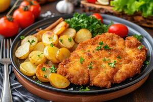 ai gerado schnitzel com batatas e vegetais.. foto