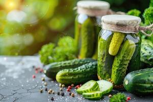 ai gerado preservação do fresco casa pepinos. em conserva enlatado vegetal Comida. foto