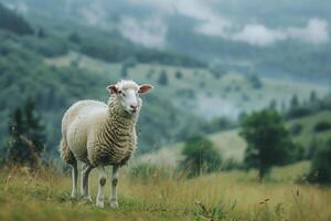 ai gerado montanha ovelha pastar em pasto dentro verão em montanha fundo foto
