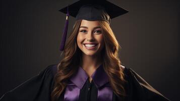 ai gerado alegre fêmea aluna dentro graduação boné e vestido foto