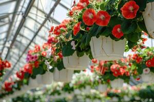 ai gerado ampla vidro estufa com vermelho flores interior e cultivo plantas. foto