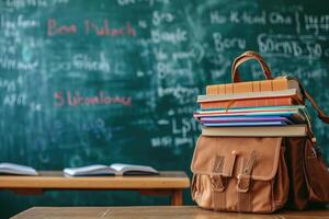 ai gerado escola saco e livros didáticos dentro frente do uma quadro-negro em uma escola escrivaninha. costas para escola conceito. foto