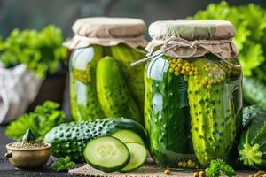 ai gerado preservação do fresco casa pepinos. em conserva enlatado vegetal Comida. foto