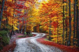 ai gerado lindo cenário do uma estrada dentro uma floresta com uma muitos do colorida outono árvores foto