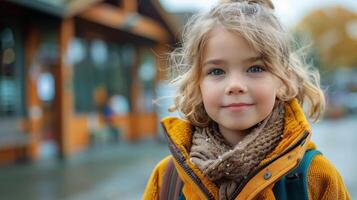 ai gerado pequeno menina em pé dentro frente do colorida parede foto