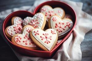 ai gerado coração em forma biscoitos gelo para dia dos namorados dia delicioso caseiro natural pastelaria foto
