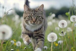 ai gerado gato corrida através campo do dente-de-leão. foto