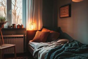 ai gerado acolhedor quarto dentro uma moderno apartamento, solteiro cama, detalhado, pequeno quarto foto