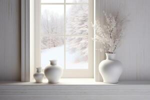 ai gerado uma delicado vaso enfeites uma alta branco janela, em repouso em uma branco de madeira mesa. foto