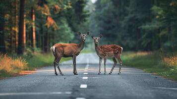 ai gerado veados em pé em a estrada perto floresta às cedo manhã ou tarde tempo. estrada perigos, animais selvagens e transporte. foto