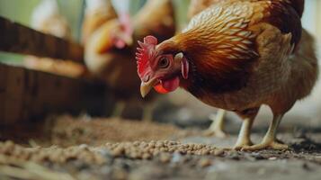 ai gerado frango come alimentação e grão às eco frango fazenda, livre alcance frango Fazenda. foto