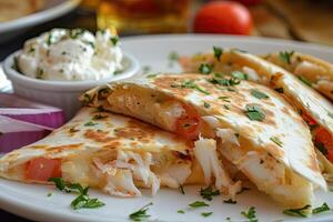 ai gerado frutos do mar Quesadilla com caranguejo e creme queijo. foto