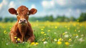 ai gerado Castanho vaca sentado em exuberante verde campo foto