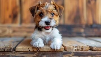 ai gerado pequeno Castanho e branco cachorro sentado em de madeira chão foto