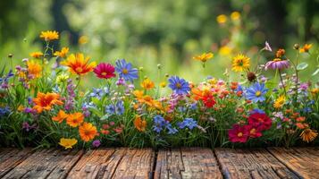 ai gerado colorida flores adornando de madeira mesa foto