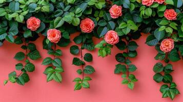 ai gerado cinco Rosa rosas com verde folhas em uma Rosa fundo foto