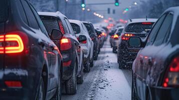 ai gerado moderno carros estão preso dentro uma tráfego geléia em uma rodovia dentro inverno. foto