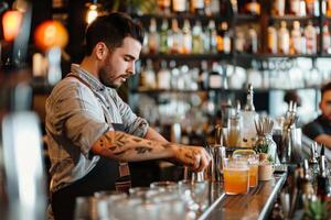 ai gerado barman trabalhando às contador em Barra espaço foto