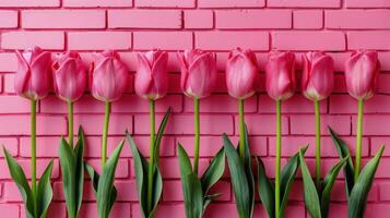 ai gerado Rosa tulipas contra Rosa tijolo parede foto