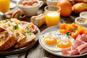 ai gerado café da manhã servido com café, laranja suco, mexidos ovos, cereais, presunto e queijo. foto