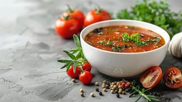 ai gerado tigela do tomate molho cercado de tomates e ervas foto