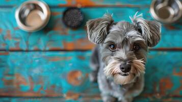 ai gerado pequeno cinzento cachorro em pé em de madeira chão foto