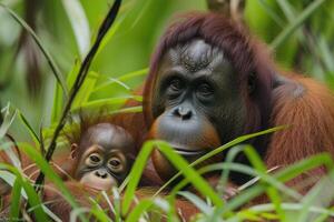 ai gerado fêmea do a orangotango com uma bebê dentro uma matagal do Relva foto