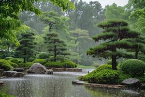 ai gerado japonês jardim pinho árvores dentro Primavera chuva. foto