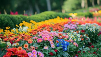 ai gerado multicolorido flor cama dentro a parque. ao ar livre verão jardinagem. foto