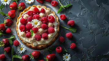 ai gerado torta coberto com fresco framboesas e margaridas foto