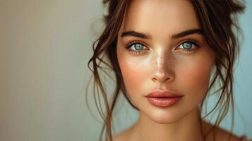 ai gerado lindo jovem mulher posando com azul olhos foto