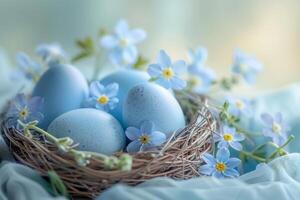 ai gerado pássaro ninho com três azul ovos foto