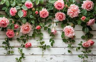 ai gerado Rosa rosas adornando branco cerca foto