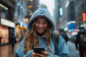 ai gerado mulher em pé dentro frente do coberto de graffiti parede foto