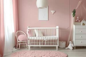ai gerado simples, Rosa bebê quarto com berço e tapete. foto