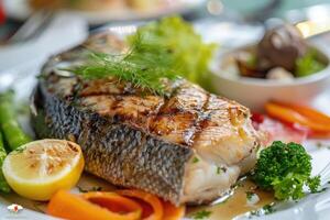 ai gerado Pangasius peixe bife com legumes. foto