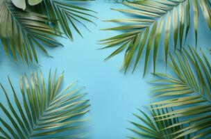 ai gerado Palma folhas em uma azul fundo foto