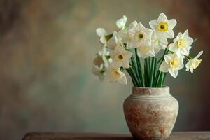 ai gerado florescendo branco narcisos dentro uma decorativo casa vaso. foto