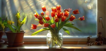 ai gerado vaso do vermelho flores em de madeira mesa foto