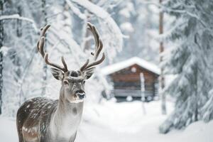 ai gerado veado dentro inverno floresta contra a fundo do uma coberto de neve floresta cabana. foto