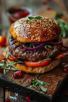 ai gerado Hamburger com carne e legumes em de madeira borda foto