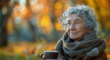 ai gerado idosos mulher bebendo café foto
